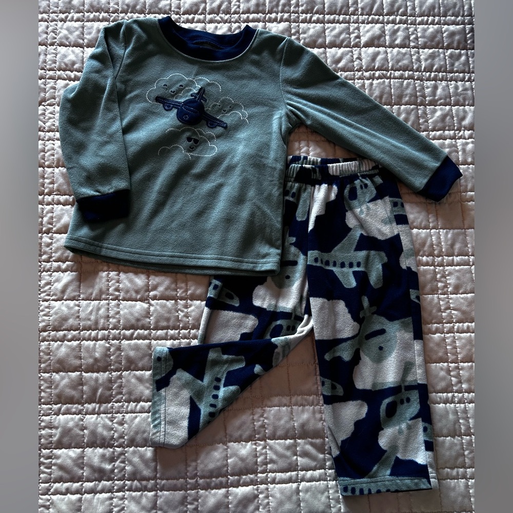 Carter's Airplane Fleece Navy/Green/Cream Toddler pajama set